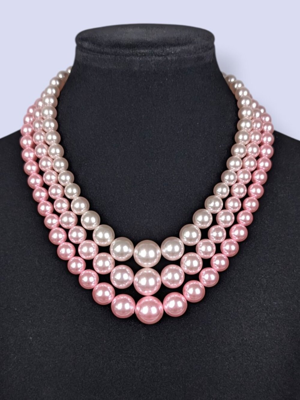 Vintage 3-Strand Pink Faux Pearl Gradient Statement Necklace